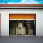 An open storage unit with closed crates inside.