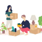 Cartoon drawing of a man and woman packing items into boxes